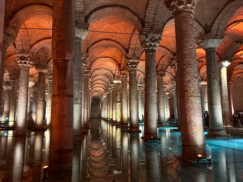 Istanbul, Turkey – November 21, 2022: The rows of columns reflected in water in the restored Basilica Cistern, Istanbul, Turkey