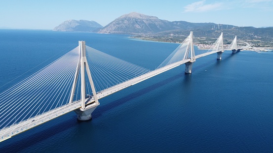 An aerial view of the Rio-Antirrio Bridge which is located over the Gulf of Corinth near the Giekeland