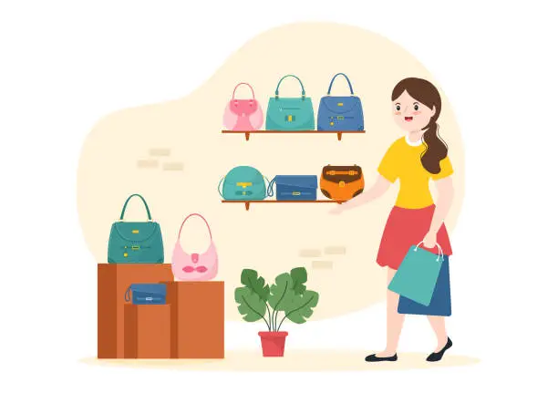 Vector illustration of Handbag Store with Collection of Various Quality Bags and Different Types of Lifestyle in Flat Hand Drawn Cartoon Template Illustration