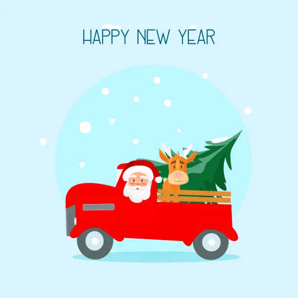 Vector illustration of Santa Claus driving the car with a cute deer and fir, Christmas greeting card, background, poster