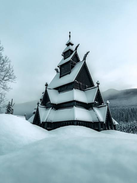 A snow-covered Borgund Stave Church in Norway