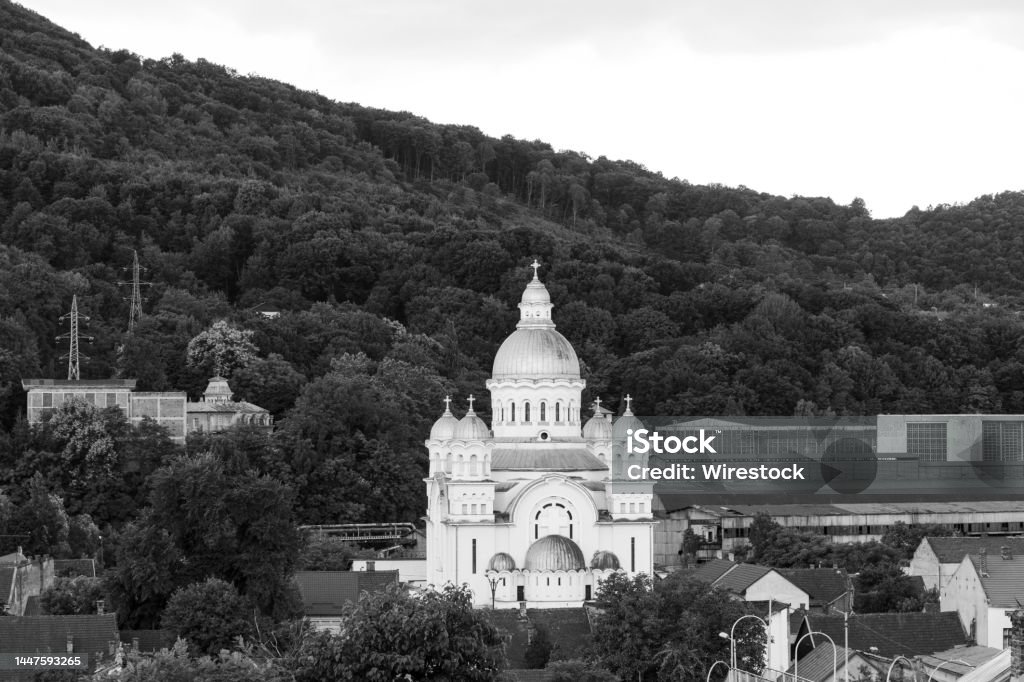 Monochrome shot of an orthodox church with forest trees in the background A monochrome shot of an orthodox church with forest trees in the background Architectural Dome Stock Photo