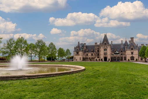 Ashville, United States – May 07, 2018: The landscape of the Biltmore Estate with the green garden in Asheville, North Carolina