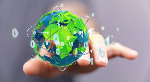istock Hand pointing to a 3D rendered globe in a binary network - the concept of ecology 1447594785