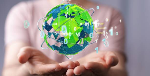 istock Person presenting a 3D rendered globe in a binary network - the concept of ecology 1447595019