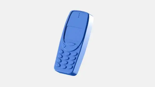 A 3D illustration icon of a blue Nokia 3310 flat design style