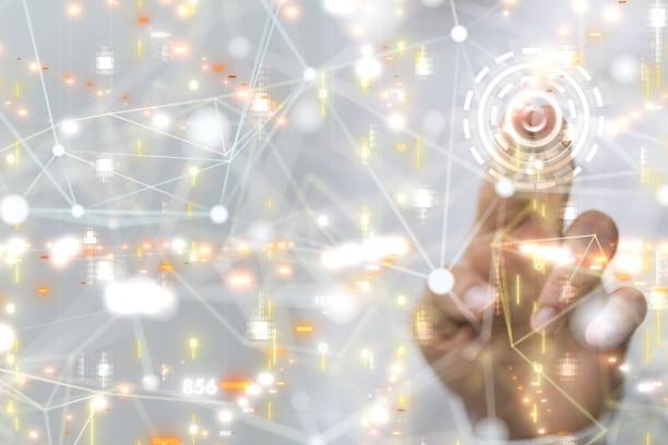 istock Man reaching for the illustrated lines and dots 1447595199