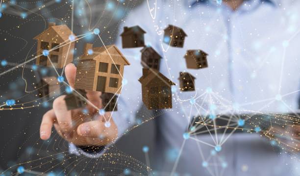 istock Businessman hand touching 3D rendered home and digital data network icons 1447596238