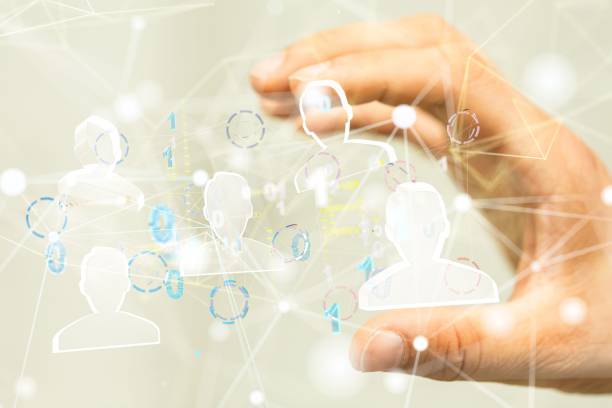 istock Man presenting the contact icons, lines and dots between his hand 1447596356