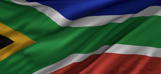 a 3D rendering of the flag of South Africa in the wind.