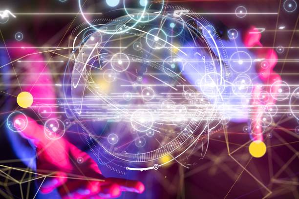istock Futuristic holographic sphere representing the earth displayed in between male hands 1447596543
