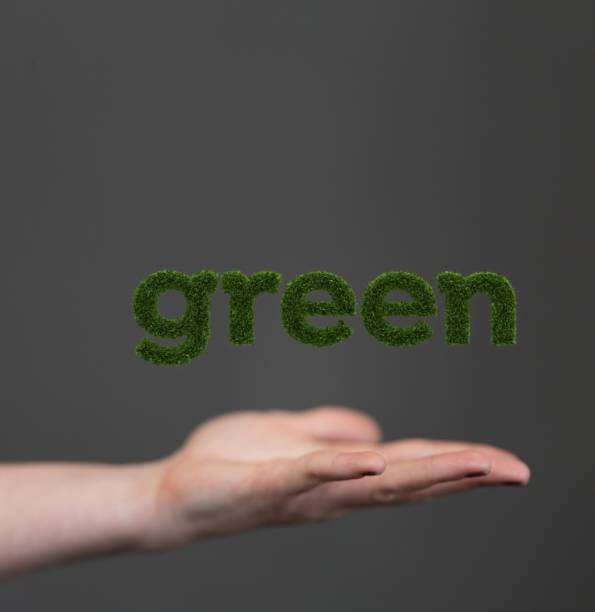 istock 3D render of a writing GREEN in green letters on a gray background 1447596556