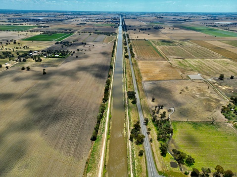 An aerial rural landscape of the Mulwala canal in a small town