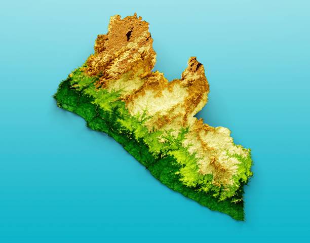 A 3D rendering of a Liberia-shaped map with shaded relief isolated on white background