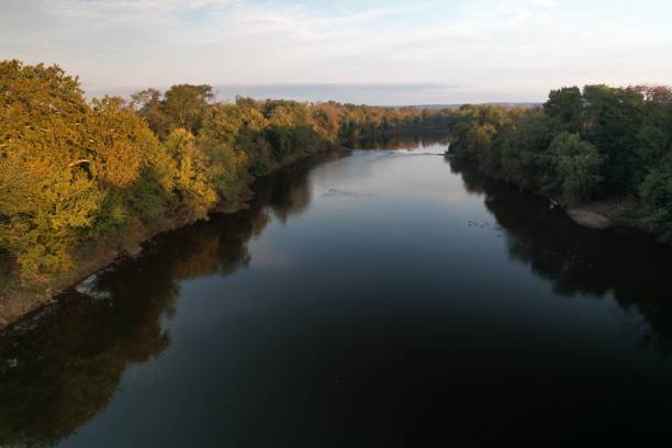 istock Drone shot of a river surrounded by trees 1447597743