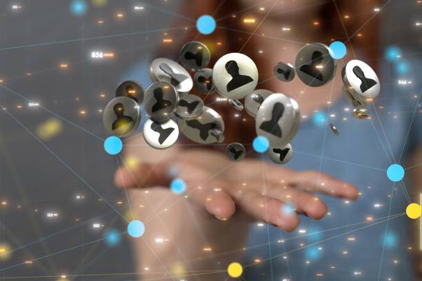 istock Hovering profile icons above the hand. Social media concept. 1447598227