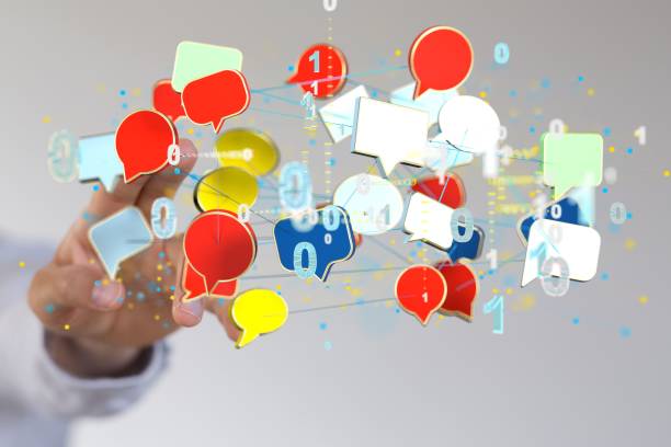 istock Finger pointing to 3d floating massage envelop icons - a concept of connection, networking 1447598412