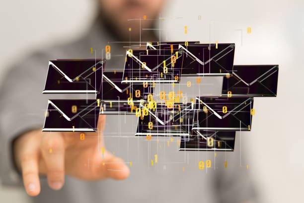 istock Finger pointing to 3d floating massage envelop icons - a concept of connection, networking 1447598702