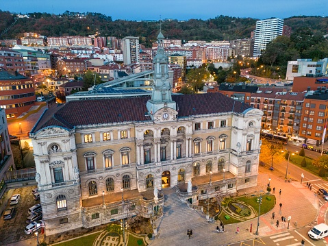 Bilbao, Spain – November 30, 2022: A drone shot of Ayuntamiento, Bilbao City Hall at sunset time in Bilbao, Spain