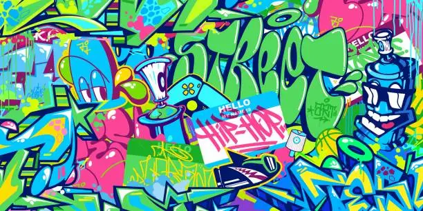 Vector illustration of Abstract Urban Graffiti Style Sticker Bombing With Some Street Art Lettering Vector Illustration Background