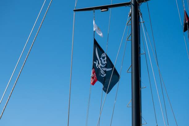 istock Mast of a pirate ship against the blue sky 1447602008