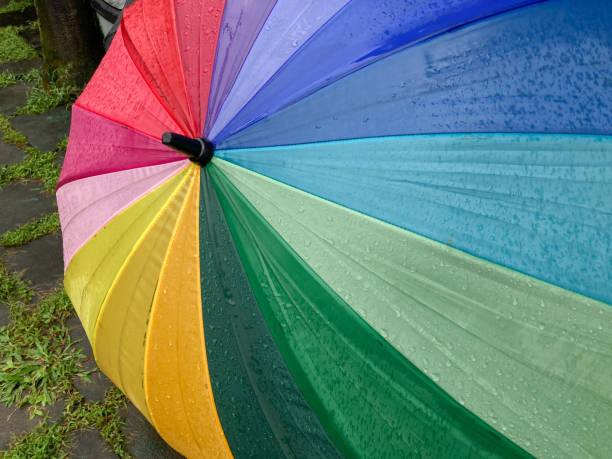 istock Rain drops falling onto umbella with rainbow colour. Rainy weather 1447604892