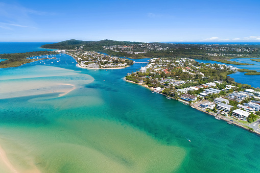 Aerial drone image of Noosaville and Noosa Heads from the eater