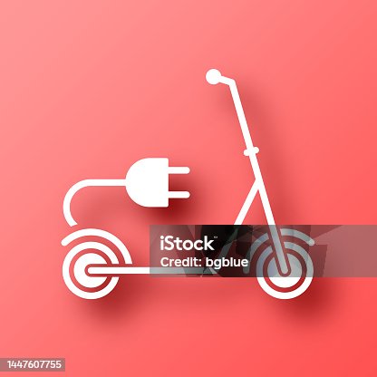 istock Electric scooter with plug. Icon on Red background with shadow 1447607755