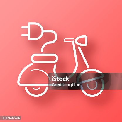 istock Electric scooter motorcycle with plug. Icon on Red background with shadow 1447607936