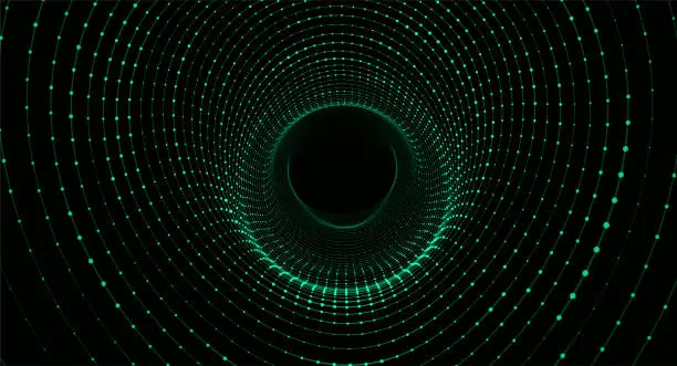 Vector illustration of Abstract dynamic wireframe tunnel on green background. Deep wave wormhole. Futuristic particle flow. Vector illustration.