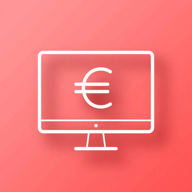 Vector illustration of Desktop computer with Euro sign. Icon on Red background with shadow