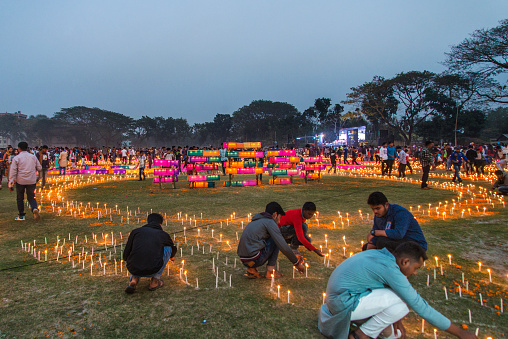 A grand function in remembrance of the martyrs of the language movement, Ekushey Udjapan Committee of Narail arranges one-lakh candles lighting in Korir Dob field in Narail town on 21 february,Bangladesh.