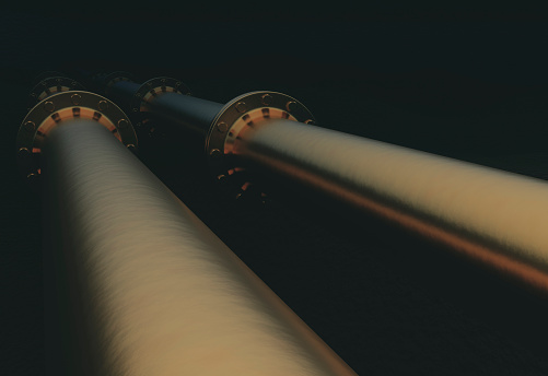 Oil and gas fuel pipeline.  Nord stream. Oil and gas industry concept. Sanctioned gas from Russia to Europe. 3D rendering illustration.