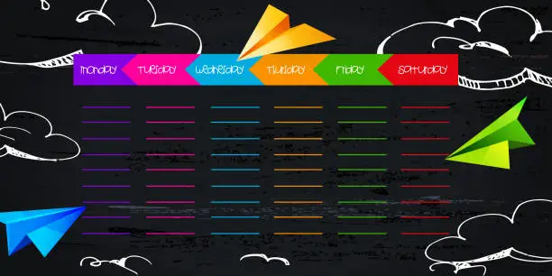 Vector illustration of Weekly, diary, planning concept in school style. Days of the week on a chalkboard background with freehand drawings and paper airplanes.