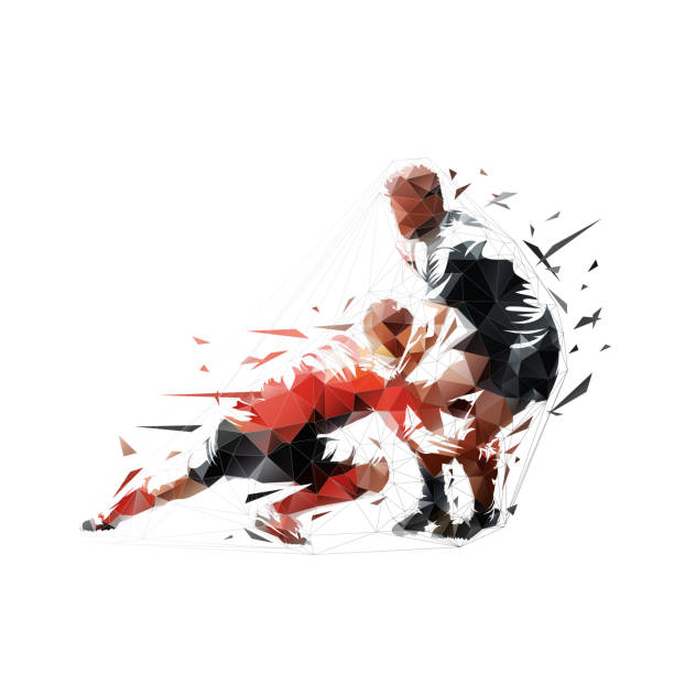 Rugby, two players in action, low polygonal isolated vector illustration, geometric drawing from triangles. Team sport athletes vector art illustration