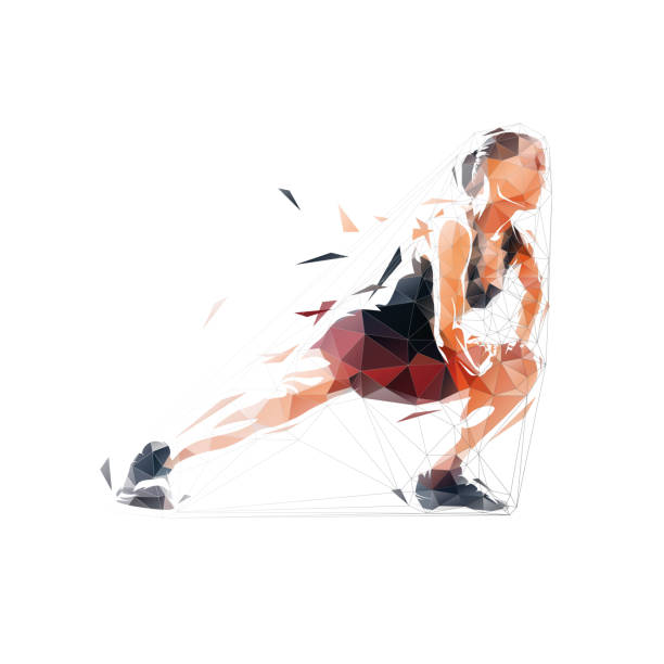 istock Woman stretches her muscles. Abstract low polygonal isolated vector illustration. Fitness exercises. Active lifestyle, geometric drawing 1447616861