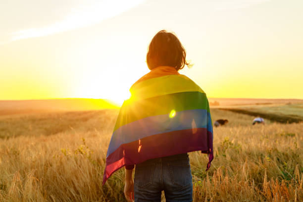 woman in field holding rainbow lgbt flag in golden sunset evening sunshine stock photo