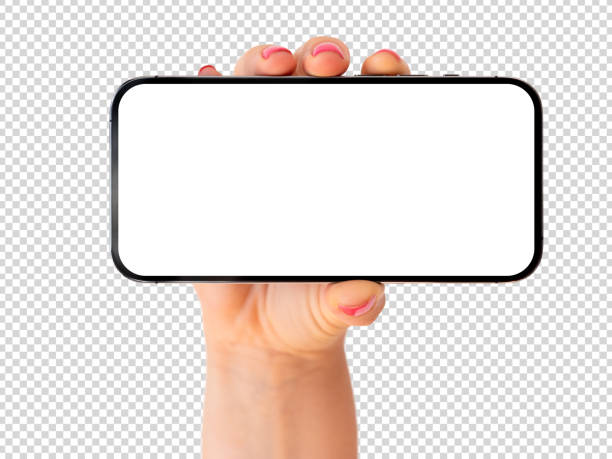 istock Mobile phone mockup. Woman showing empty screen of phone, transparent background pattern. 1447620483