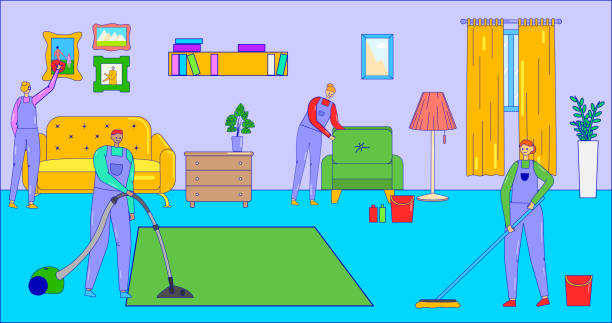 istock Service for house apartment cleaning, vector illustration, flat people cleaner character in professional uniform make housework together. 1447621654