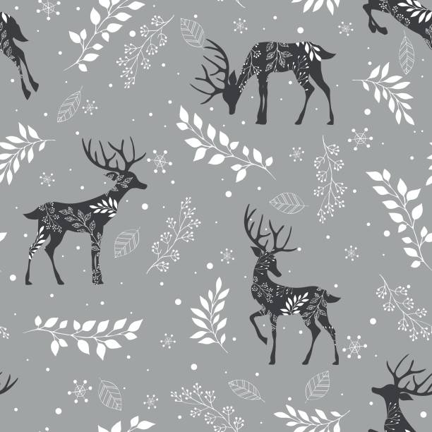 bezszwowy wzór wektorowy z jeleniami leśnymi i płatkami śniegu na szarym tle. - pattern wood backgrounds repetition stock illustrations