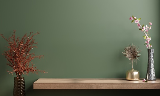Mockup green wall with wooden shelf and accessories decoration.3d rendering