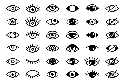 Beautiful black eyes icons collection. Images of open and closed eyes, vector observation and search signs of eye black icon monochrome illustration