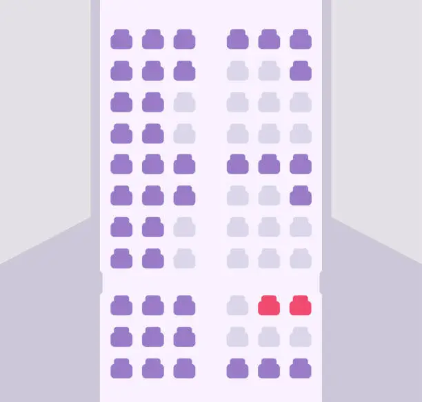 Vector illustration of Seats plane map booking ui scheme vector or airplane place choose order interface selection online design, aircraft chair reservation layout chart top view app illustration, aeroplane inside indoor