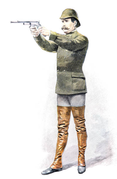 istock Man with high leather boots and pith hat shoots a pistol 1447625315