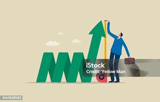 istock Business Career Growth. 
Profitable growth or investment. Businessman uses a tape measure to measure the growth of an upward pointing graph. Illustration 1447628583
