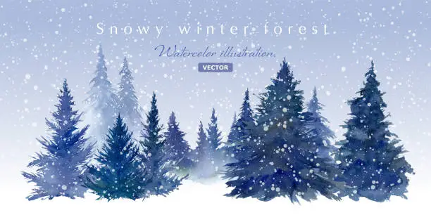 Vector illustration of Watercolor illustration of snowy coniferous forest. Christmas season background. (Vector. Layout changeable)