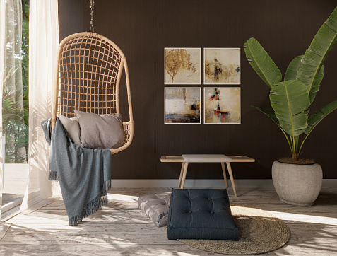 Boho Living Room Interior Design with Rattan Swing Chair and Banana Tree.  3D Rendering.