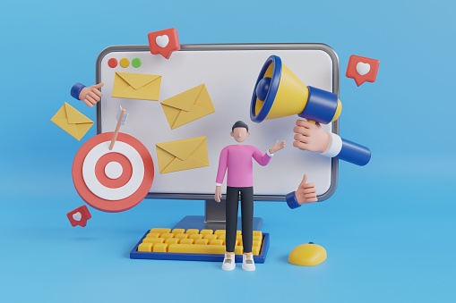 3D Illustration of social media influencer. digital marketing strategy, promotional advertising campaign. promote business, entrepreneurship, personal brand strategy. 3d rendering