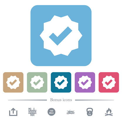 Verified sticker solid white flat icons on color rounded square backgrounds. 6 bonus icons included