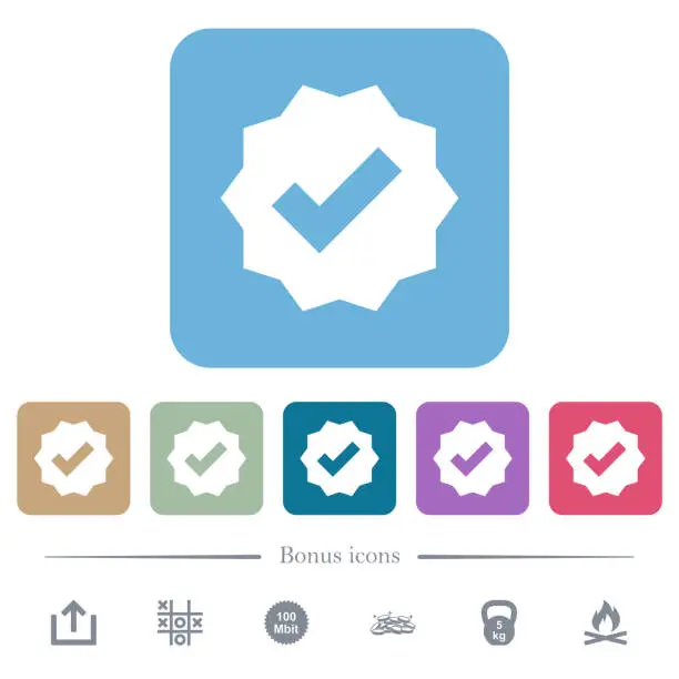 Vector illustration of Verified sticker solid flat icons on color rounded square backgrounds